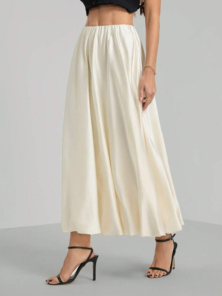 SHEIN Tall Women's Beige Satin Pleated Bubble Simple A-Line Skirt | SHEIN