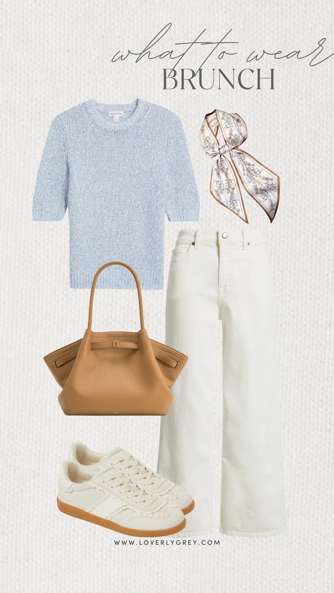 Loverly Grey, what to wear for a brunch look. I am loving this short sleeve light blue top paired with white pants. Add a scarf around the neck, tan leather tote, and a pair of sneakers to complete the look. Loverly Grey, what to wear, brunch

#LTKgrwm #LTKSeasonal #LTKootd