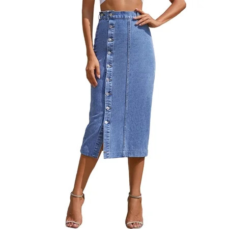 Stretch Midi Jean Skirt Button Up High Waist Denim Skirt | Walmart (US)