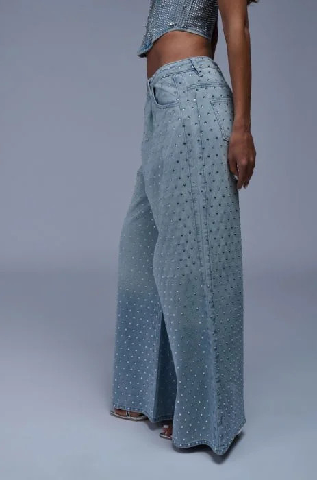 DAZZLED RHINESTONE STUDDED DENIM PANTS IN LIGHT BLUE DENIM | AKIRA