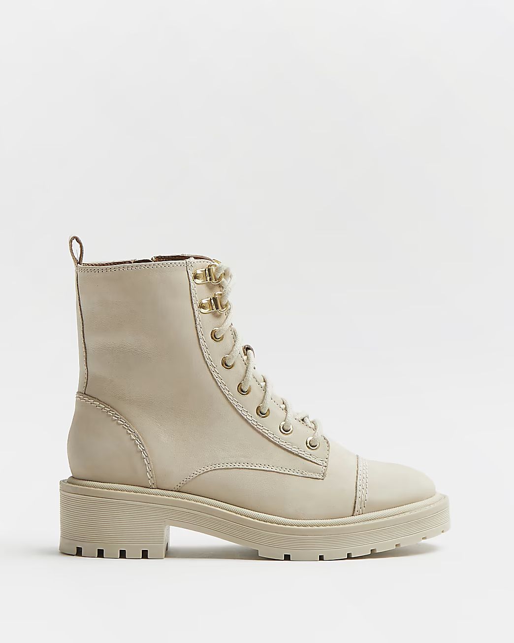 Cream wide fit leather biker boots | River Island (UK & IE)