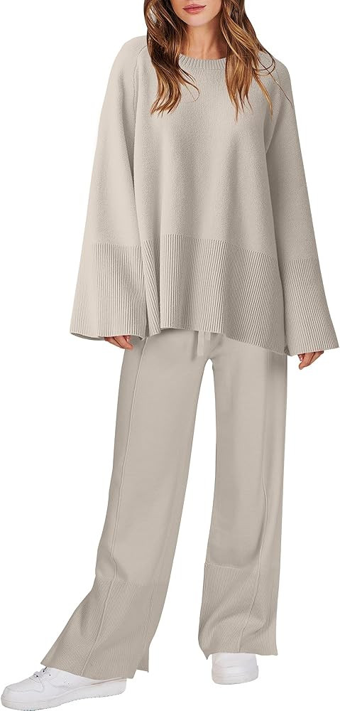 ANRABESS Womens 2 Piece Outfits Oversized Knit Sweater Set Wide Leg Pant Cozy Lounge Matching Paj... | Amazon (US)