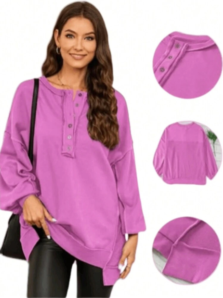 Women's Oversized Sweatshirt Casual Long Sleeve Button Henry Collar Pullover Tunic Top | SHEIN