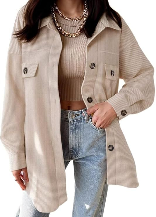 VICHYIE Womens Corduroy Shacket Blouses Button Down Shirts Pocket Long Sleeves Tops Jacket Coats | Amazon (US)