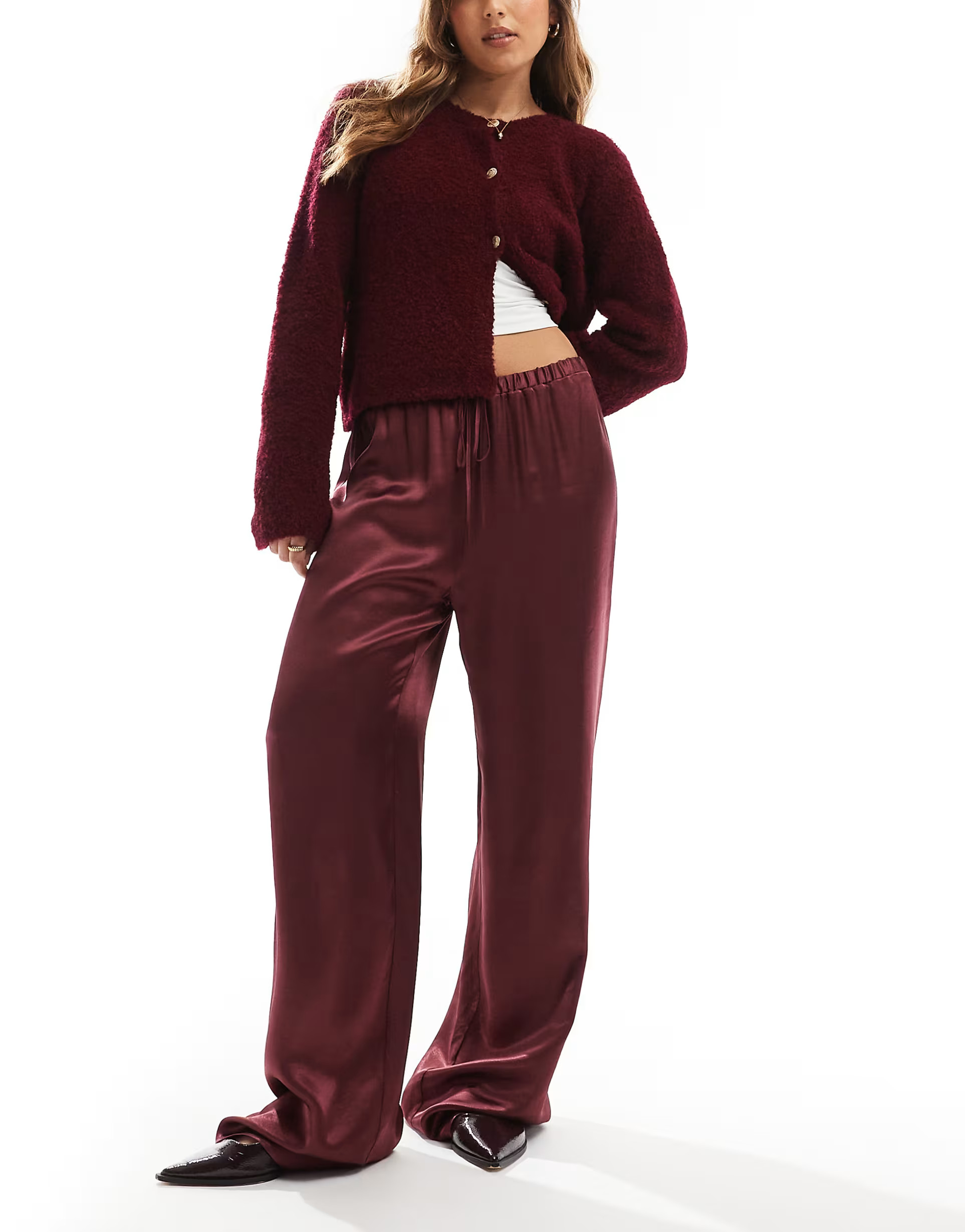 ASOS DESIGN satin wide leg trouser in burgundy | ASOS (Global)