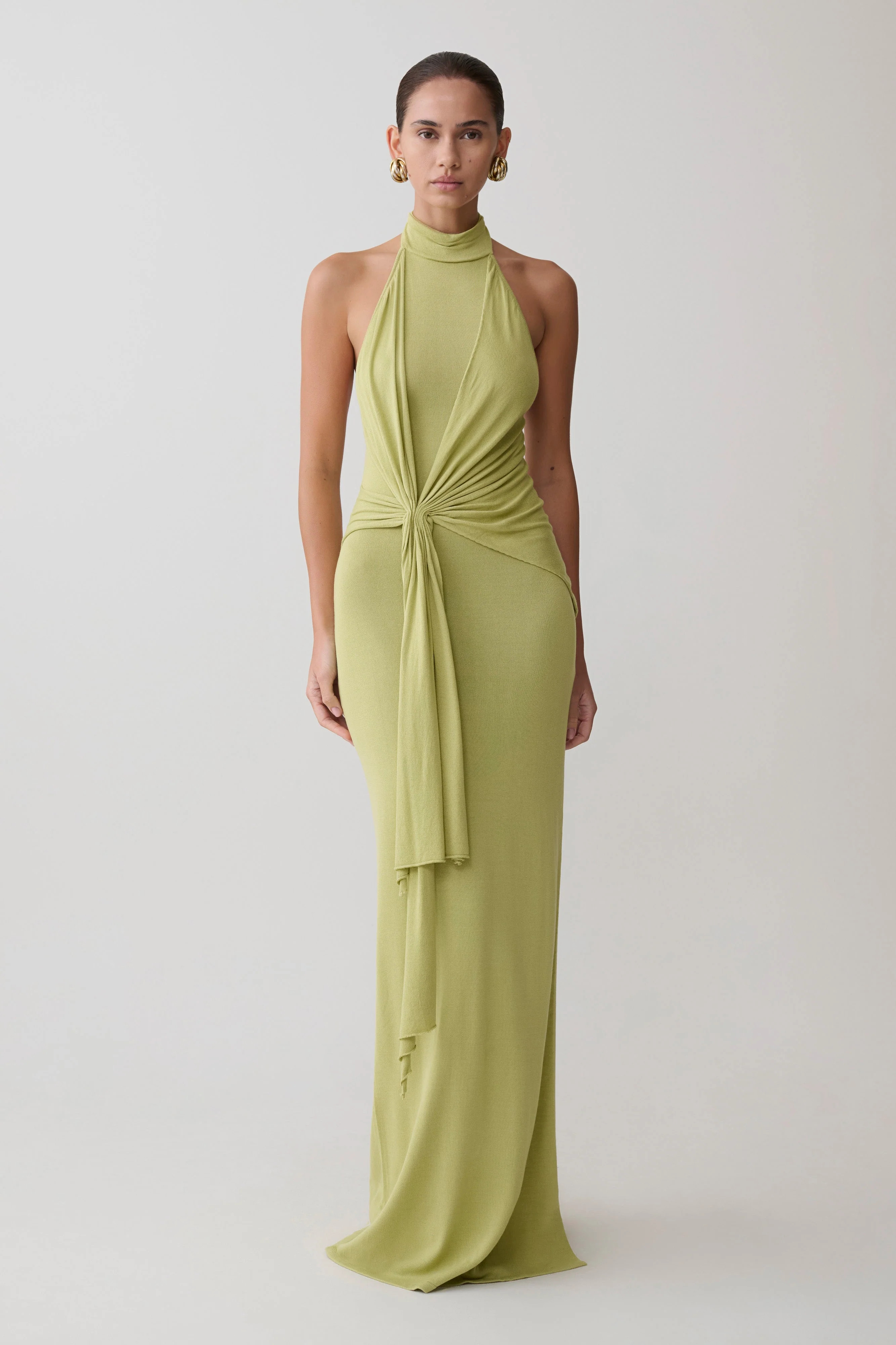 Cindylou Halter Knit Maxi Dress - Light Olive | Meshki UK