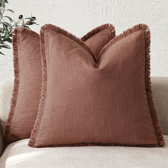 Foindtower Set of 2 Decorative Linen Fringe Throw Pillow Covers Boho Farmhouse Cushion Cover with... | Amazon (US)