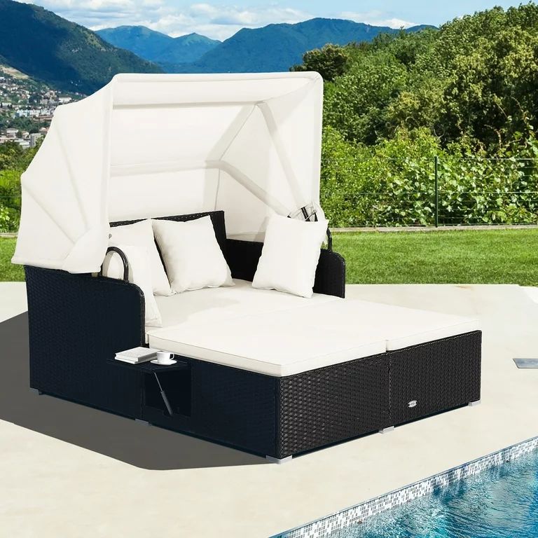Costway Patio Rattan Daybed Lounge Retractable Top Canopy Side Tables Cushions Off White | Walmart (US)