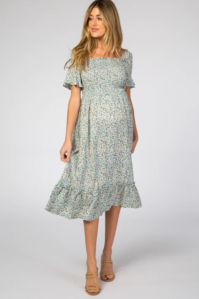 Light Blue Floral Ruffle Maternity Midi Dress | PinkBlush Maternity