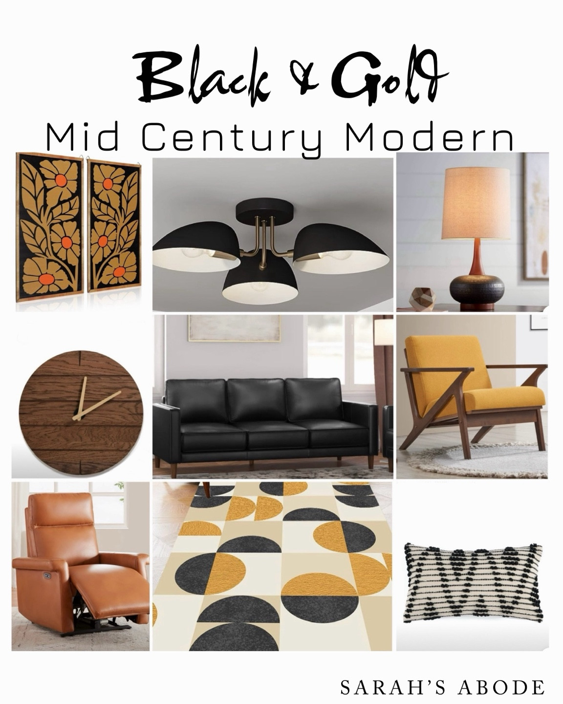 Black and gold mid century modern living room. A black leather sofa and some funky art! 

Groovy. MCM. modern sofa. black and yellow modern rug. modern recliner. Modern ceiling light. Flush mount. Modern chandelier. Mid century chair. Wood clock. Retro. 60’s. 70’s  

#LTKStyleTip #LTKFamily #LTKHome