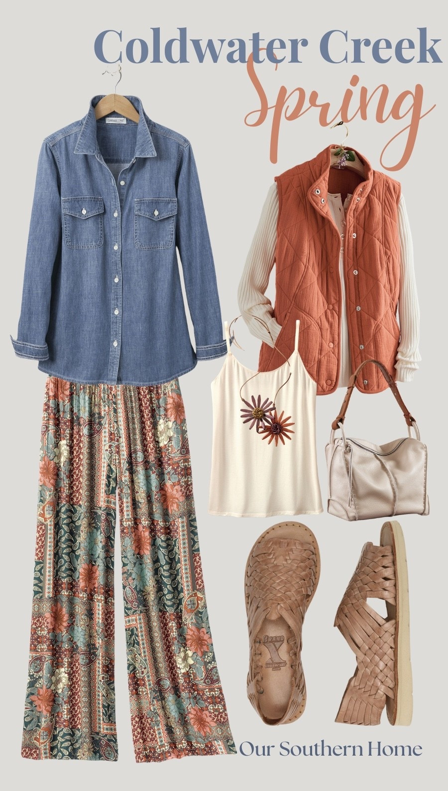 Breeze into spring with this Coldwater Creek look for earlier spring that can easily transition into warmer weather! 

Flower Patch Palazzo Pants are so fun! Works with so many colors but I like it with the denim shirt knotted at the waist with a tank. If it’s a little cooler, add the vest. The Huarache sandals are so comfy! 

#LTKootd #LTKSeasonal #LTKOver40