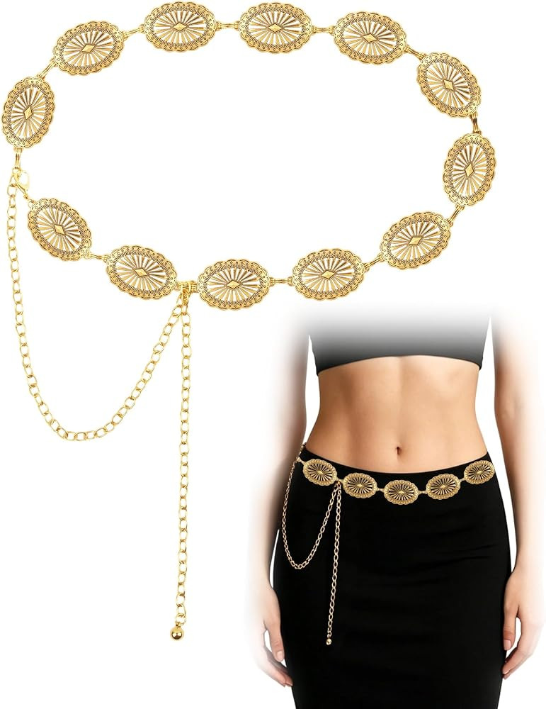 Western Chain Belt for Women: Adjustable Gold Boho Belt, Fits 27-35" Waist for Jeans, Dresses, Co... | Amazon (US)