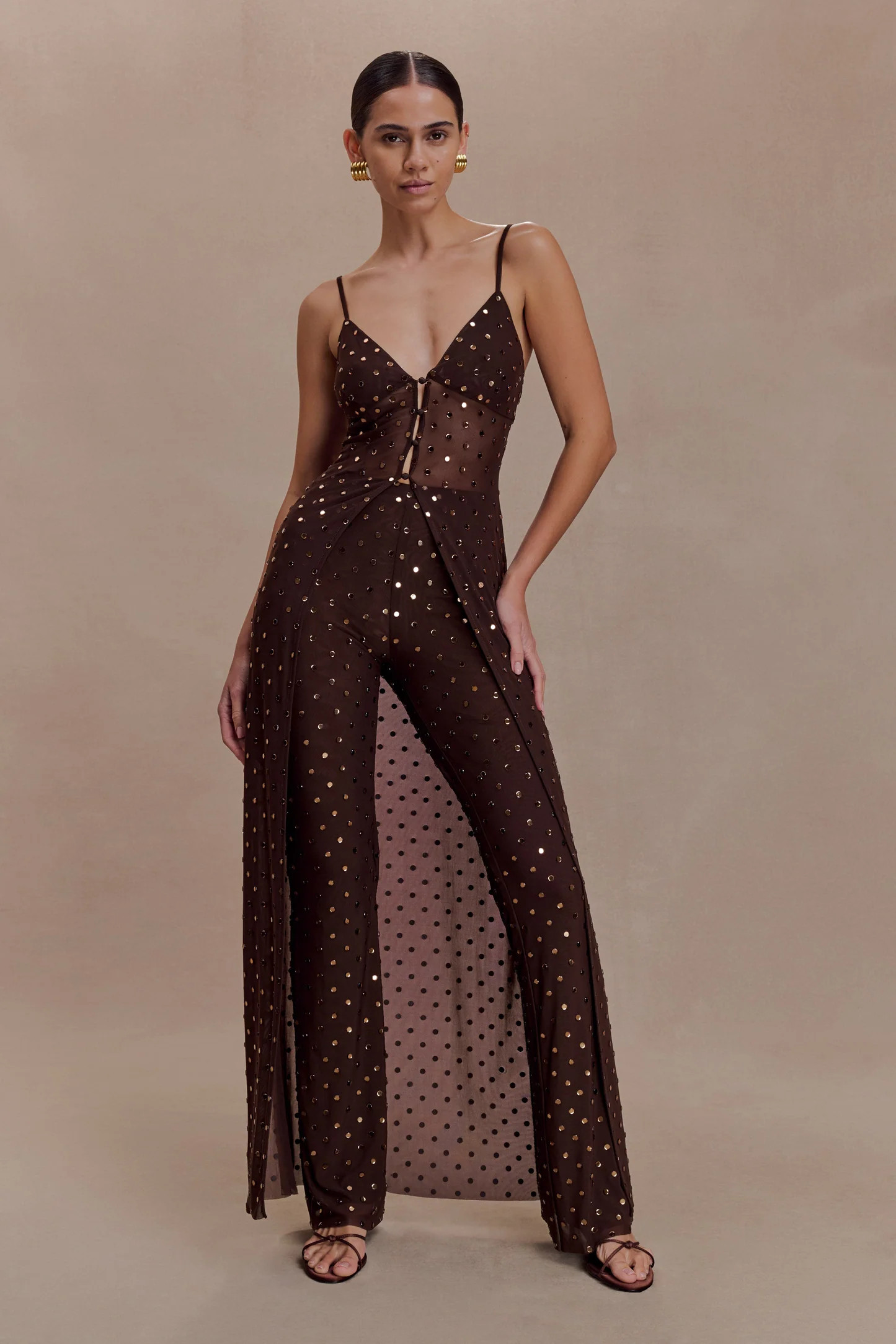 Jackie Longline Diamante Top - Chocolate | Meshki UK