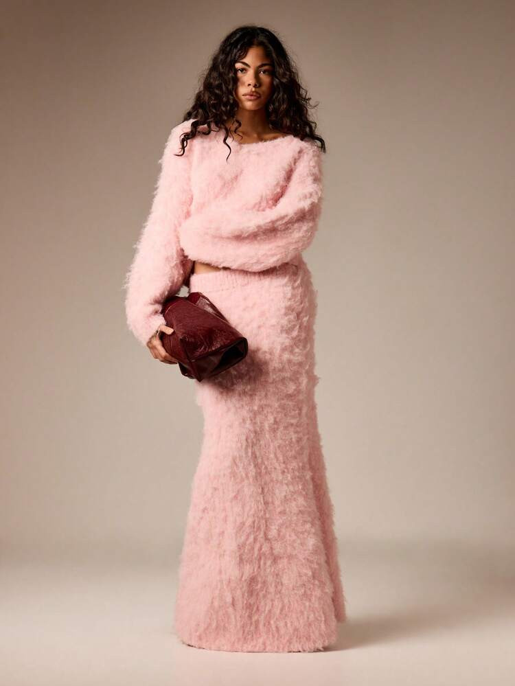 AiiRZ Fluffy Fuzzy Knit Sweater Co-Ord Set Long Sleeve Crop Top Bodycon Maxi Skirt Winter Cozy Lounge | SHEIN
