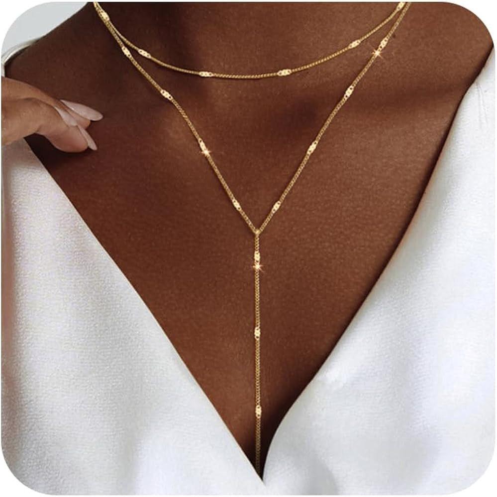 for Women 14k Gold Plated Silver Layered Chain Y-Shaped Necklace Lariat | Amazon (US)