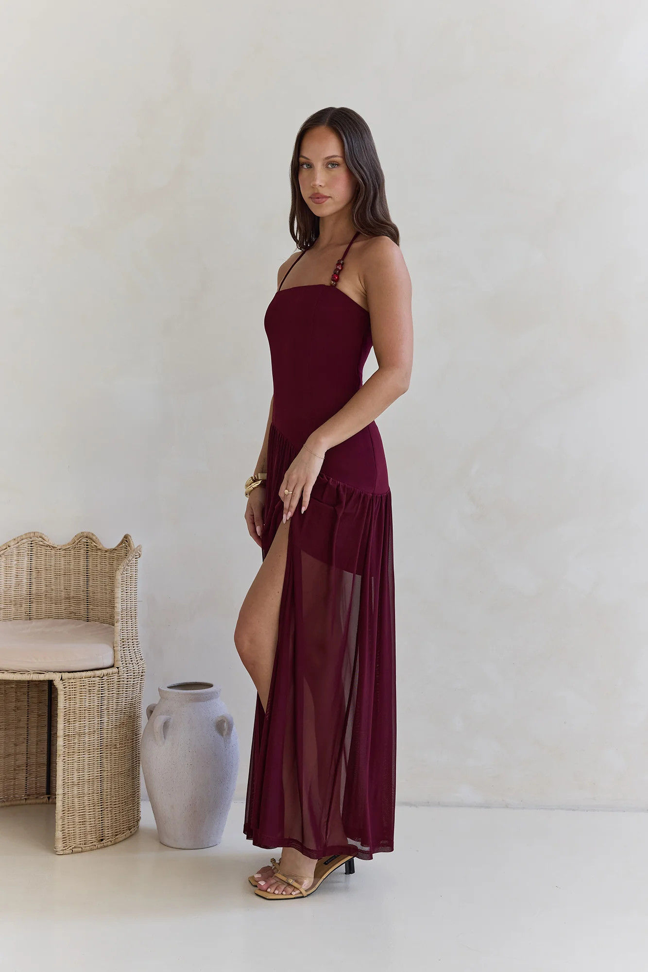 Feel The Light Halter Mesh Maxi Dress Burgundy | Fortunate One