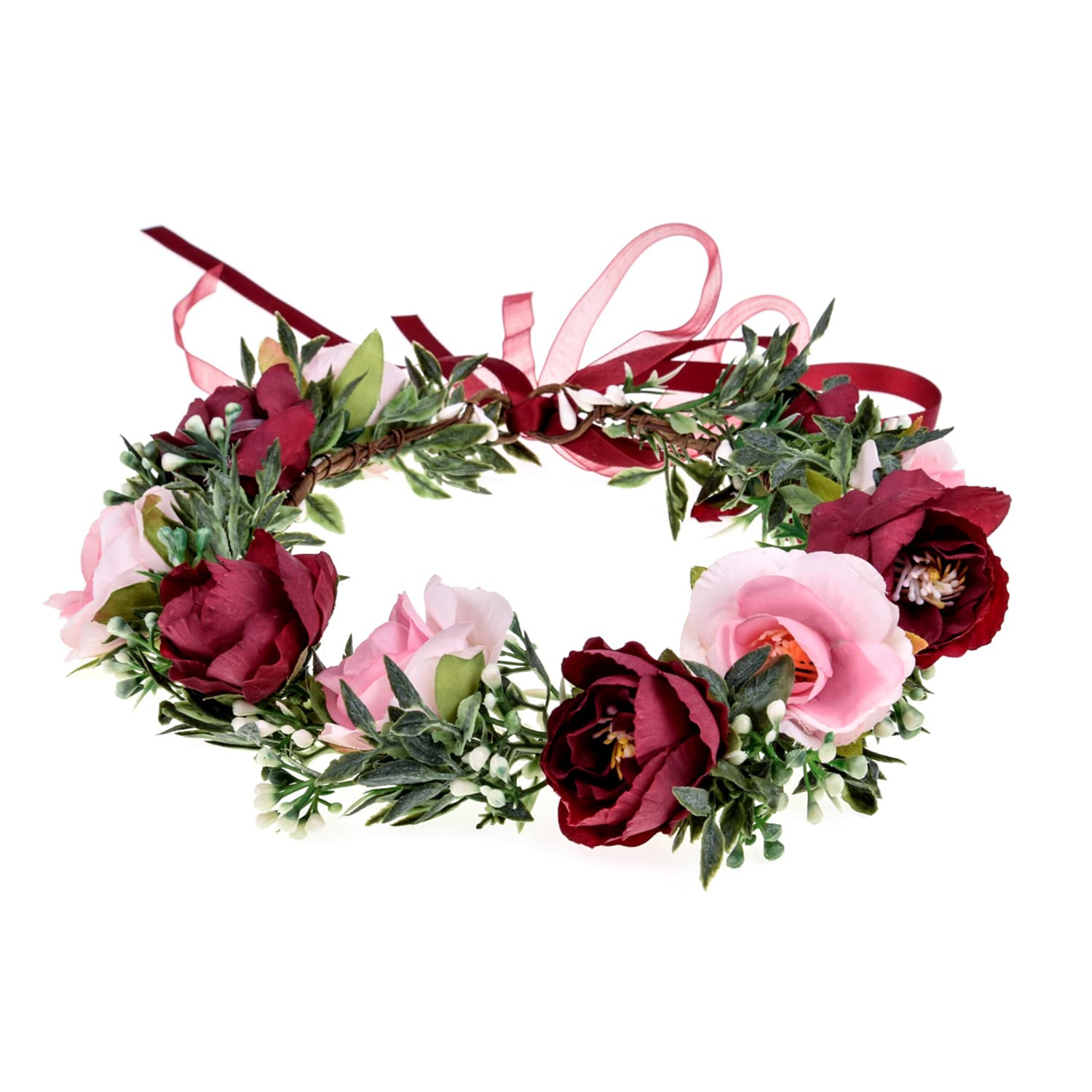 June Bloomy Bridal Flower Crown Women Rose Floral Headband Maternity Photo Prop Baby Shower Leaf Hair Wreath (Rose Burgundy Pink) | Amazon (CA)