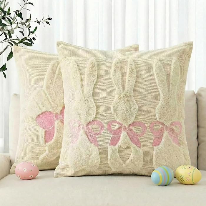 AVOIN colorlife Easter Rabbits Beige Embroidery Throw Pillow Covers, 18 x 18 Inch Bunny Soft Plus... | Amazon (US)