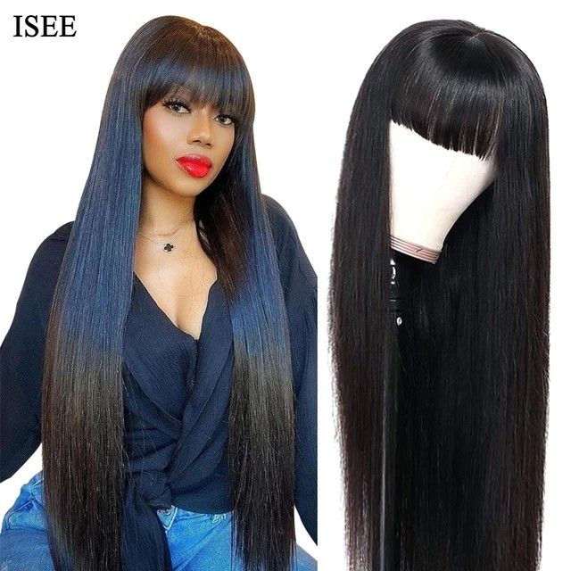 Iseehair Machine Made Sew In Wig Human Hair Straight Wig Malaysian Straight Wig With Bang Natural... | AliExpress (US)