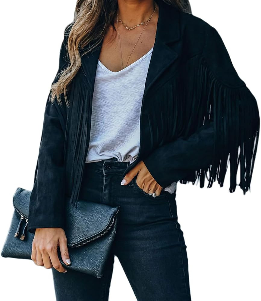 CHARTOU Casual Faux Leather Jacket Women Motorcycle Jacket Fringe Cropped Jacket Utility Tassel S... | Amazon (US)