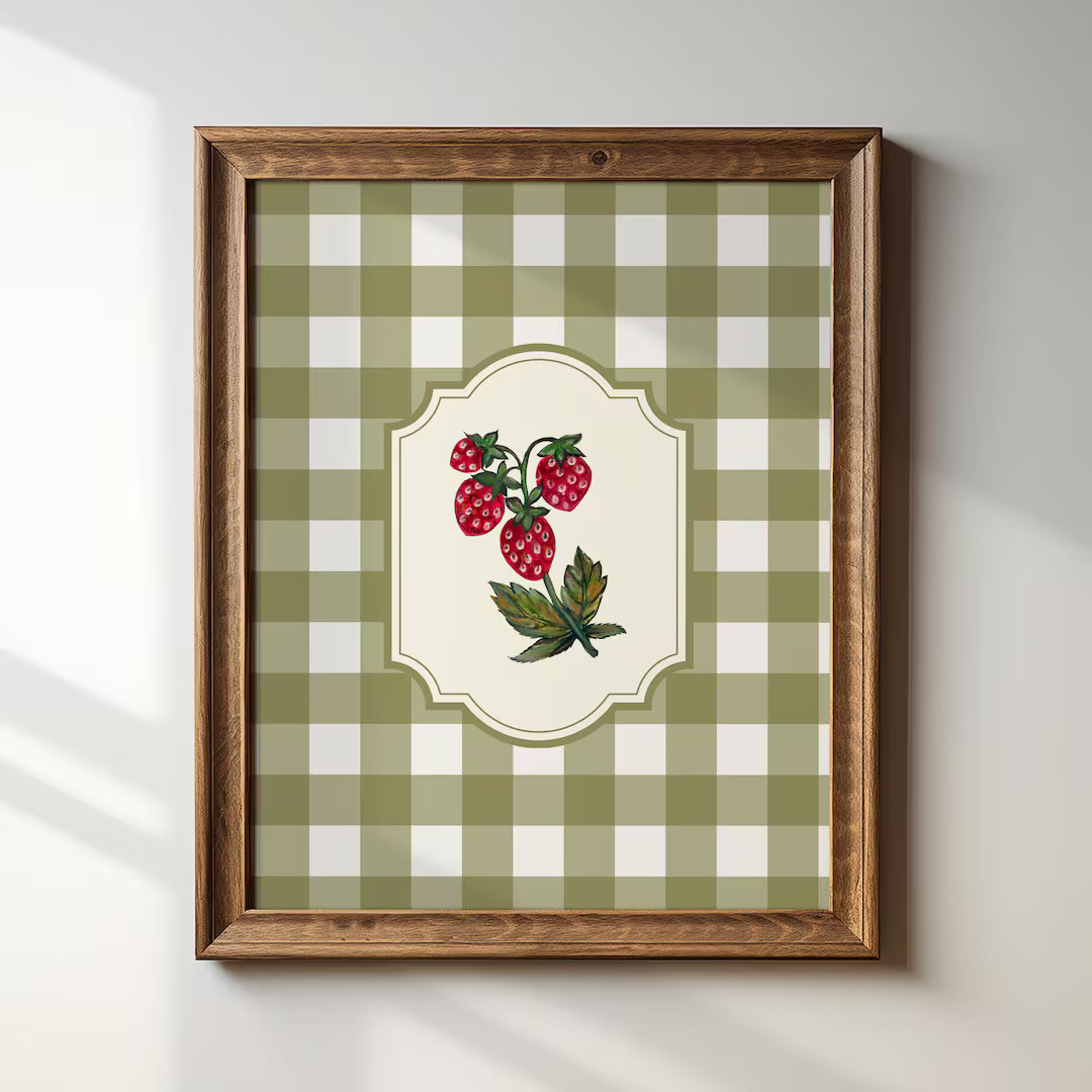 Sweet Strawberries, Green Gingham Vintage Illustration Print, Digital Download Art Print, Wall Ar... | Etsy (US)