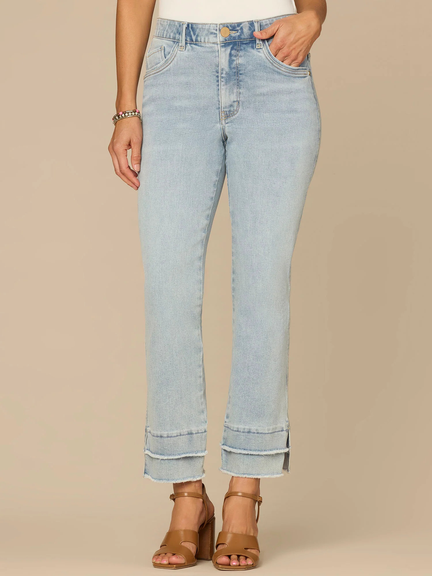 “Ab”solution® Light Blue Mid-Rise Double Layer Fray Hem Petite Kick Fl | Democracy Clothing