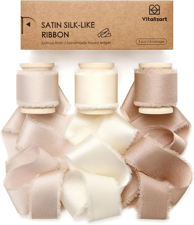 Vitalizart Silk Satin Ribbon 1 Inch x 15 Yard Wooden Spool Champagne & Nude Handmade Frayed Ribbo... | Amazon (US)