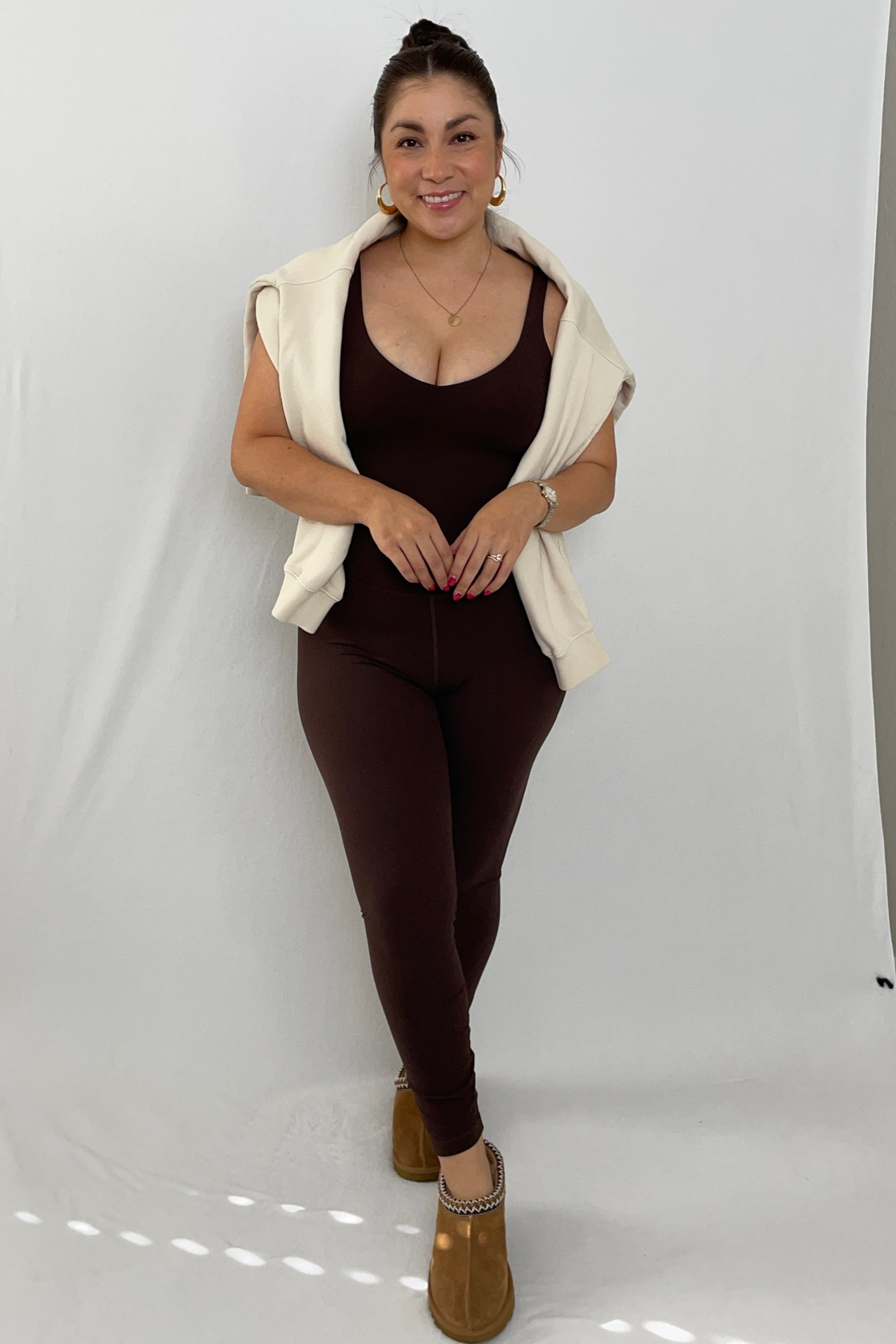 Legit SAHM Style 🫶🏽 #legitsahmstyle 

Lululemon Align Ribbed Romper in Espresso size 10 
Mate the label sweater size XS/S 
Uggs Tasman Slippers in chestnut size 7 

#LTKSeasonal #LTKmidsize