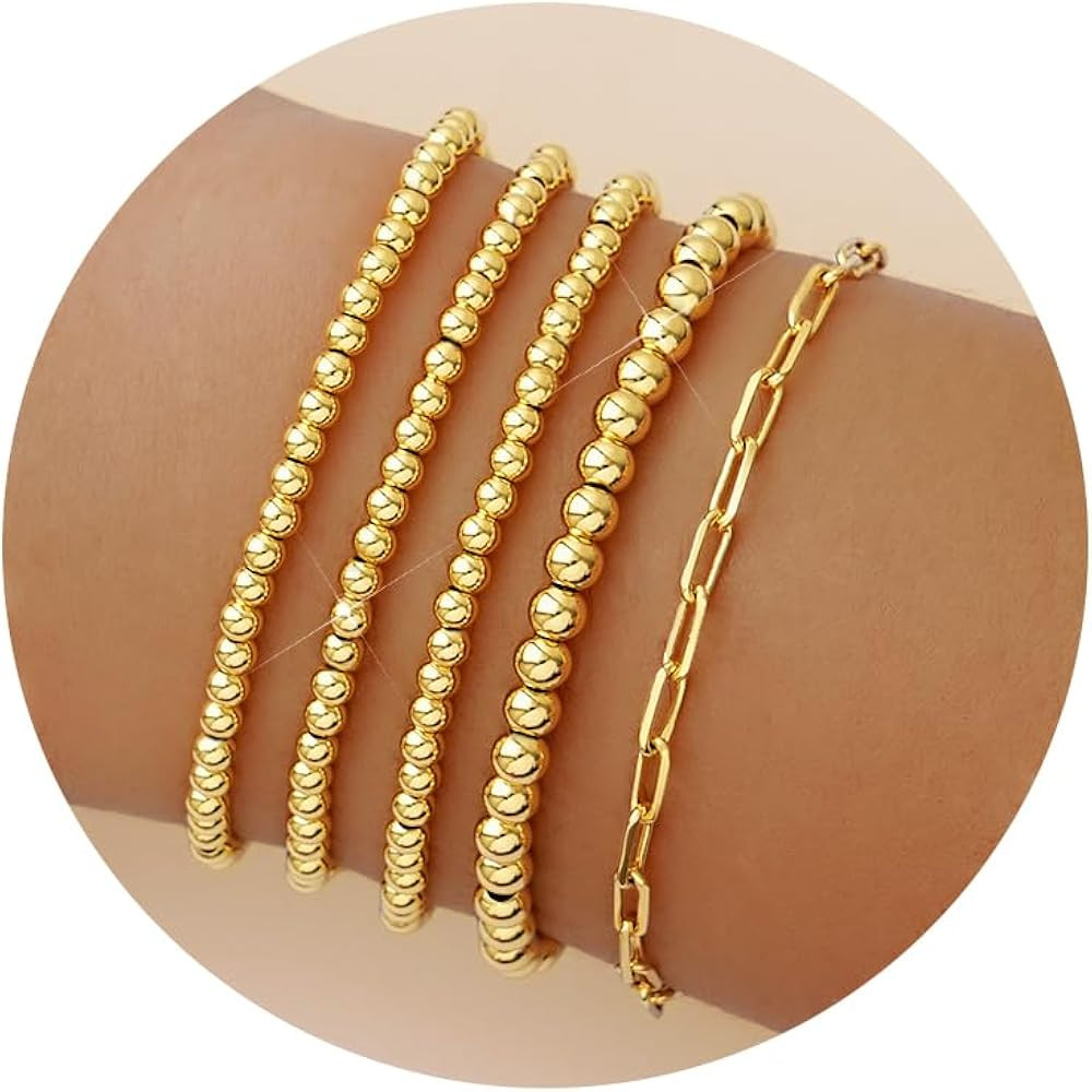 Gold Beaded Bracelet for Women 14K Gold Plated Bracelets Gold Stretch Bead Ball Bracelets Hypoall... | Amazon (US)