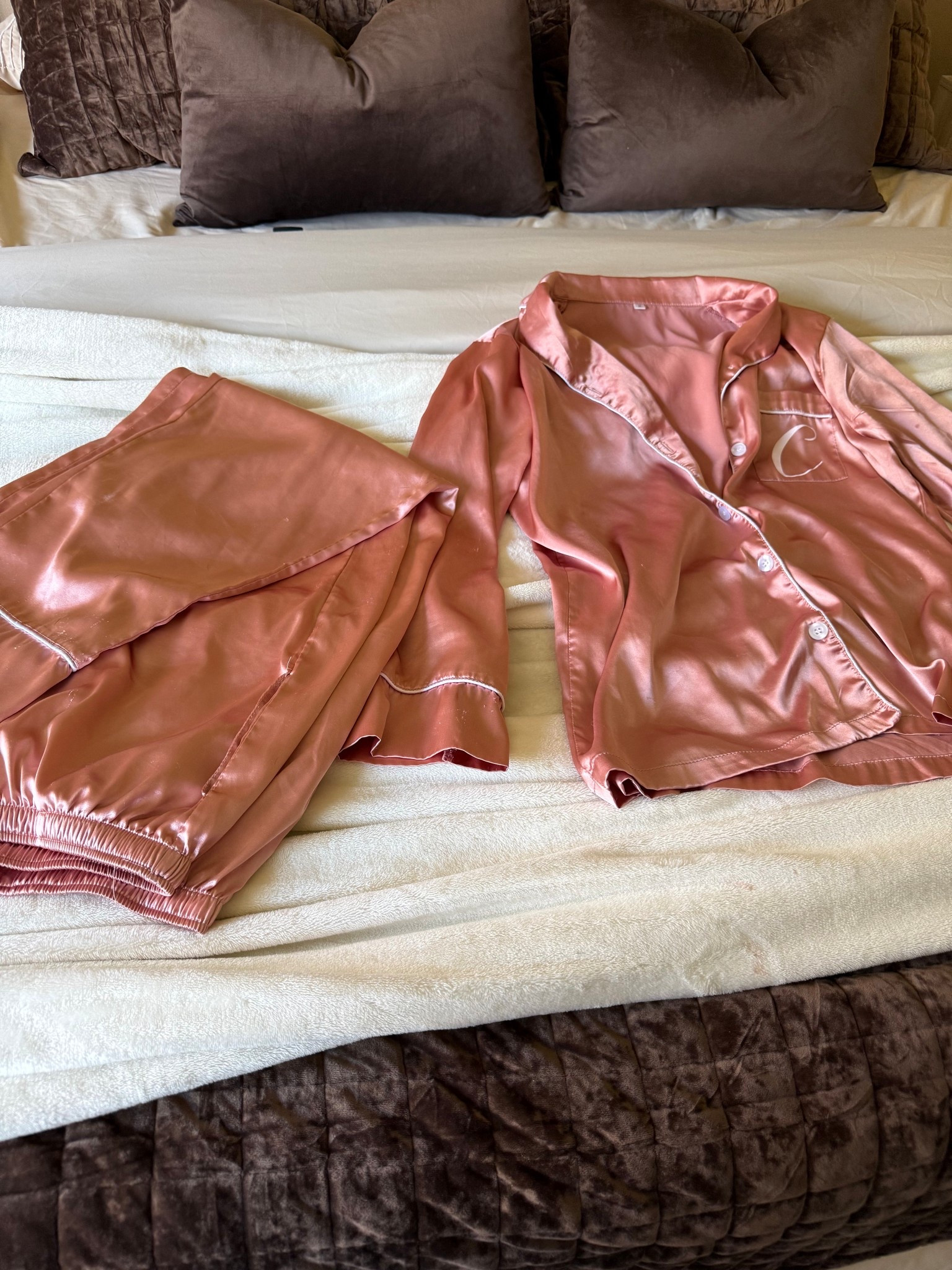 Wedding season! Wearing color Rose size M. These were so perfect as bridesmaids matching pjs. The quality and price are amazing! Etsy find! Have held up for 3+ years I sized up to a medium for a loose fit. They’re true to size and you can customize the pocket. Pants have pockets as well! 

#LTKSaleAlert #LTKWedding #LTKSeasonal