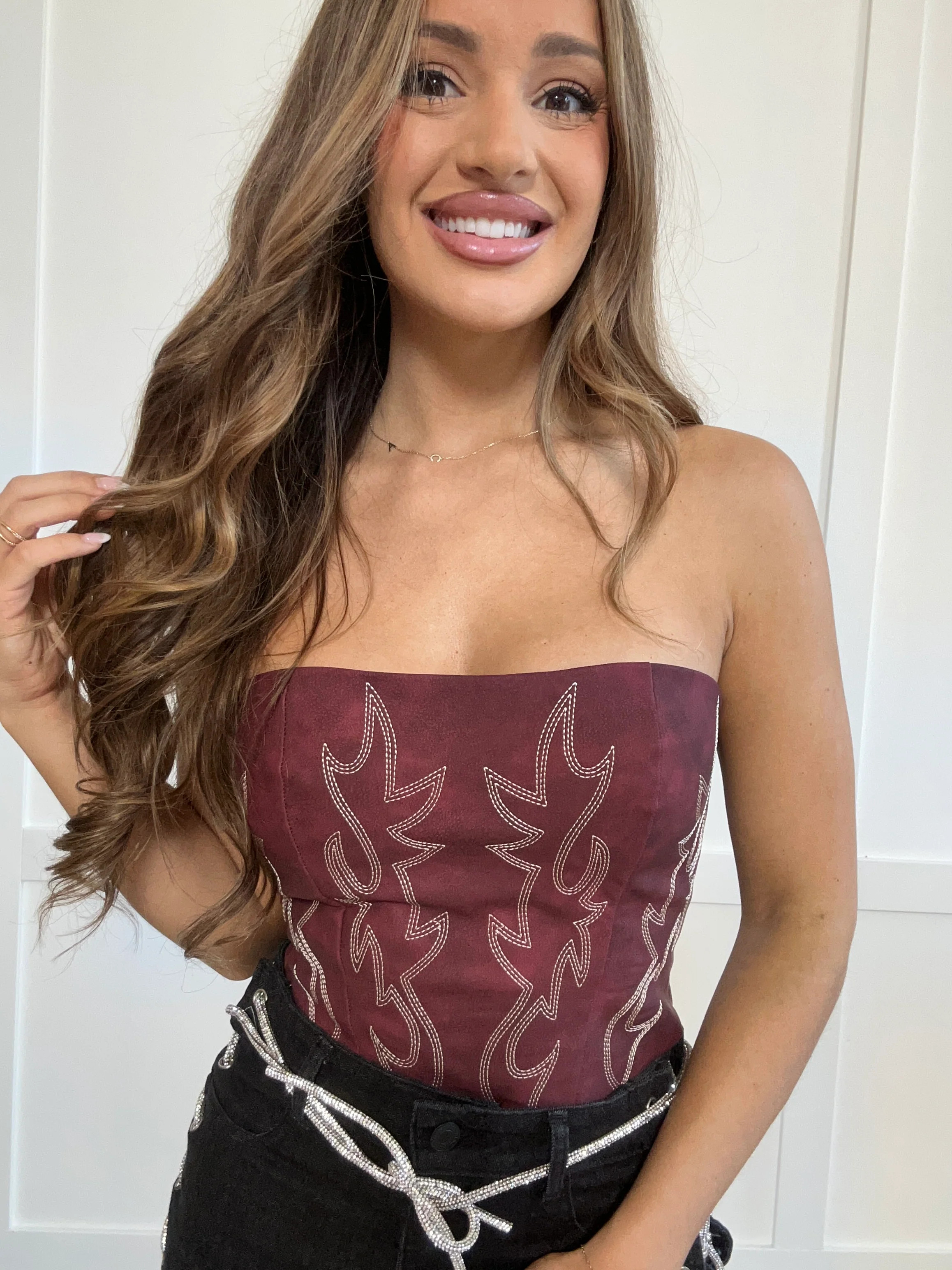 Bohemian Bloom Vegan Leather Embroidered Corset | Willow Boutique