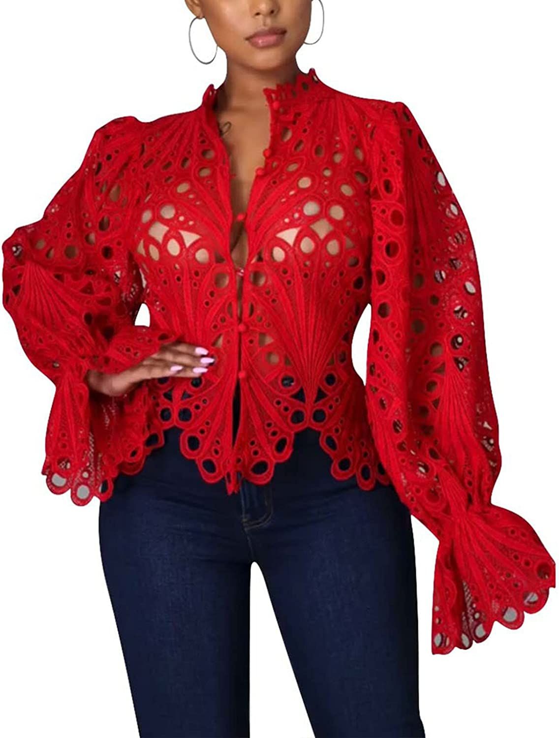 Women’s Sexy Puff Flare Long Sleeve Ruffled Tops Cute Shirt V Neck Hollow Out Button Down Lace ... | Amazon (US)