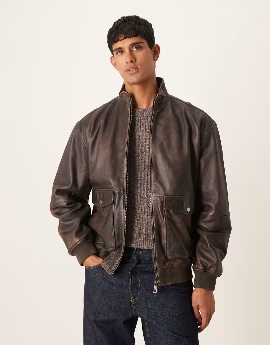 ASOS DESIGN real leather bomber vintage look jacket in brown | ASOS (Global)