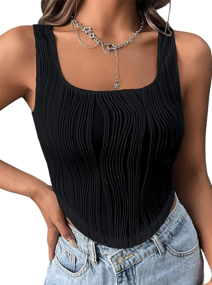 Remidoo Women's Textured Asymmetrical Hem Crop Top Square Neck Cropped Tank Top | Amazon (US)