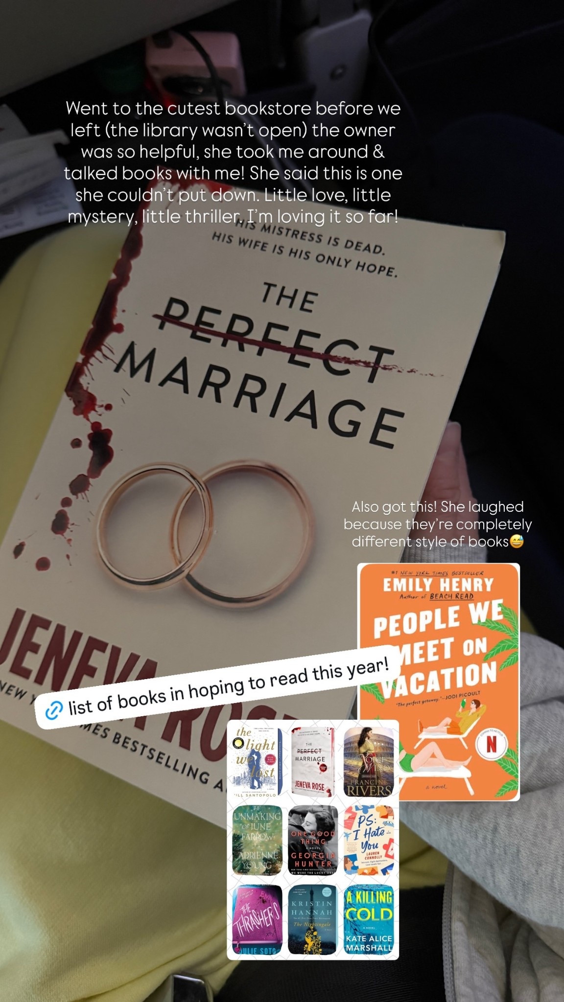 Went to the cutest bookstore before we left (the library wasn’t open) the owner was so helpful, she took me around & talked books with me! She said this is one she couldn’t put down. Little love, little mystery, little thriller. I’m loving it so far! Also got this! She laughed because they’re completely different style of books😅