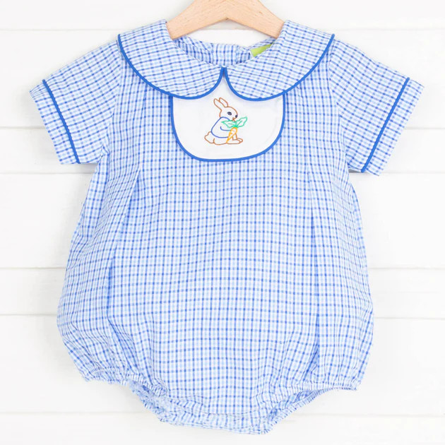 Storybook Rabbit Embroidered Blue Plaid Tab Bubble | Classic Whimsy