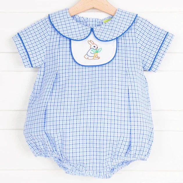 Storybook Rabbit Embroidered Blue Plaid Tab Bubble | Classic Whimsy