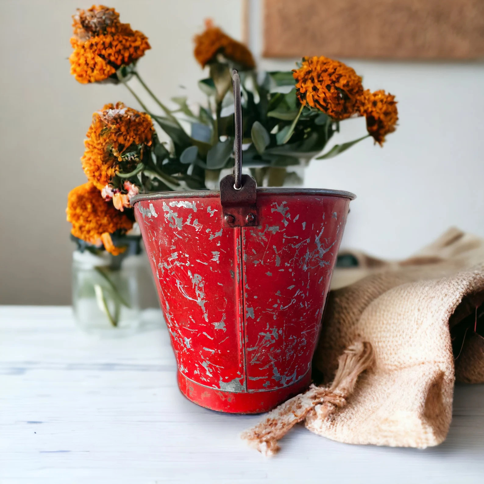Antique French Red Metal Fire Bucket, Old French Galvanized Sand Fire Bucket, French Garden Pail,... | Etsy (US)