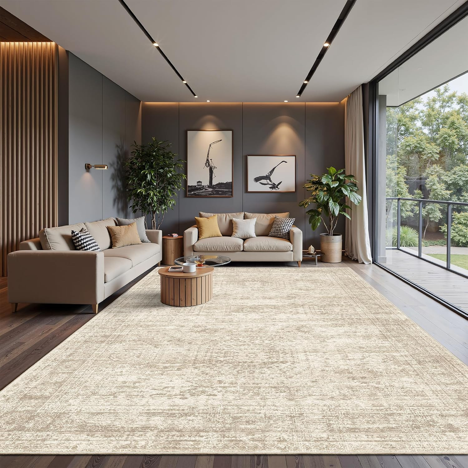 12x15 Washable Area Rug Beige Neutral Abstract Living Room Large Carpet Non Slip Bedroom Indoor O... | Amazon (US)