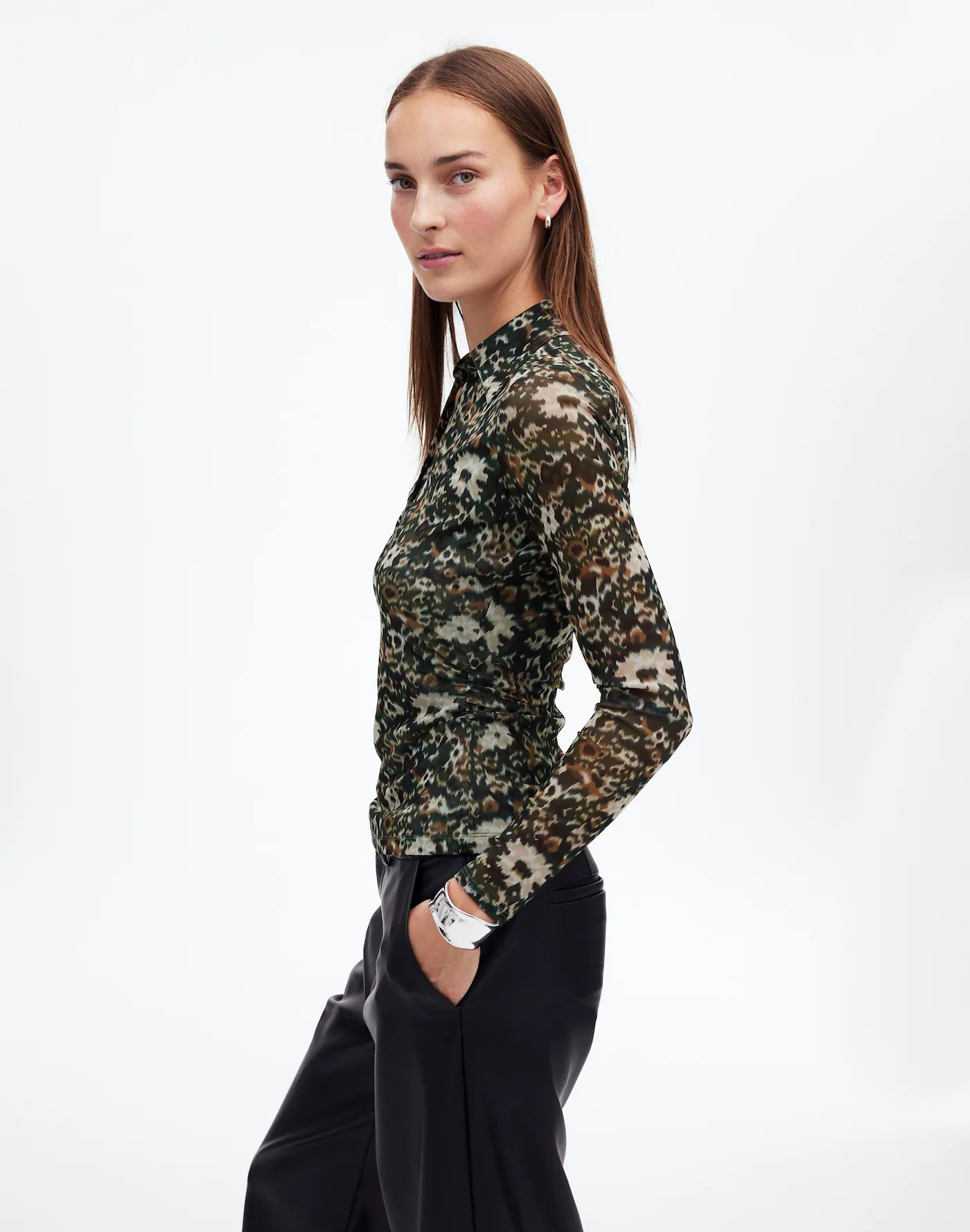 Long-Sleeve Polo Top in Floral Mesh | Madewell