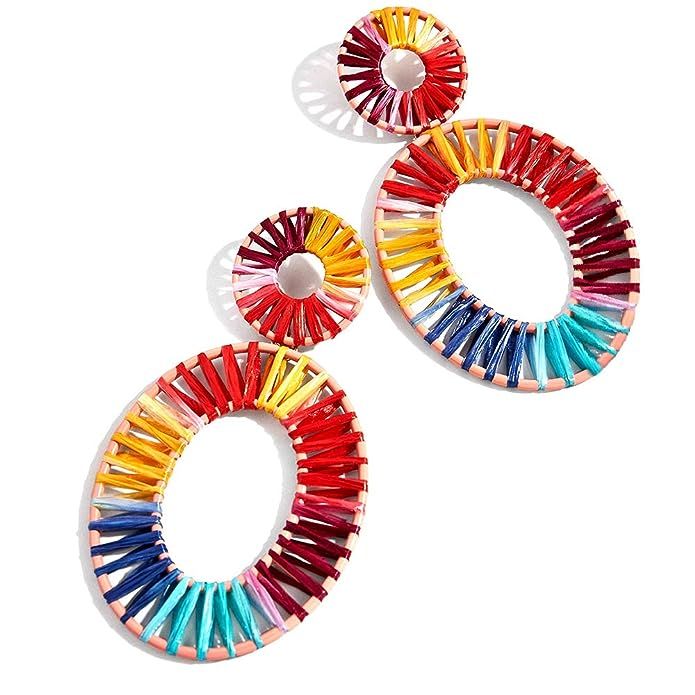 Enameljewelries Rainbow Rattan Drop Earrings Handmade Raffia Geometric Earrings Lightweight Color... | Amazon (US)