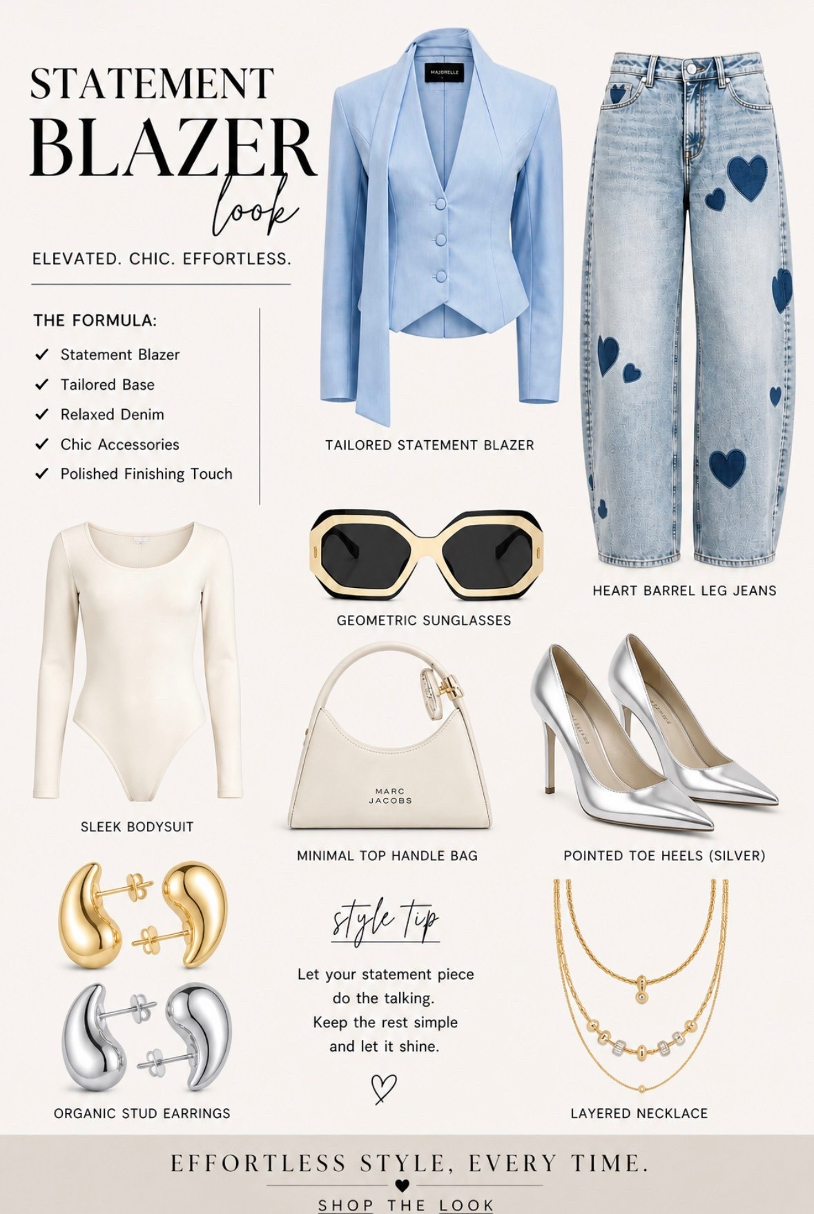 Statement blazer outfit idea for women 🤍

Elevated everyday style made simple:
tailored statement blazer + relaxed barrel leg jeans + neutral bodysuit + minimal accessories

This look is perfect if you love a capsule wardrobe aesthetic but still want pieces that stand out. The structured blazer adds polish while the relaxed denim keeps it effortless and wearable.

Paired with silver pointed toe heels and a neutral top handle bag for that clean, modern finish.

Save this look for:
• casual chic outfits
• elevated everyday style
• spring outfit ideas
• minimalist fashion lovers

Shop the full look below ↓

#StatementBlazer #BlazerOutfit #ElevatedStyle #EffortlessStyle #CapsuleWardrobe #MinimalStyle #SpringOutfits 

#LTKootd