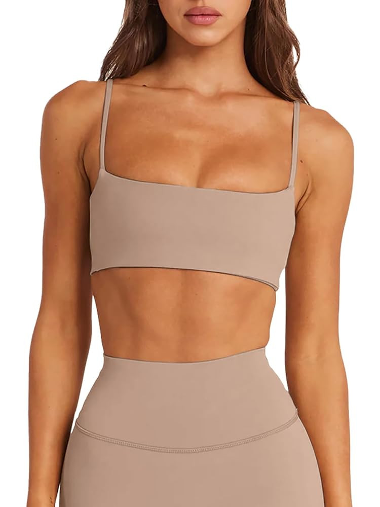 LASLULU Womens Adjustable Spaghetti Straps Sports Bra Square Neck Wireless Padded Workout Yoga Cr... | Amazon (US)