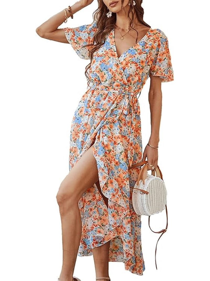 PRETTYGARDEN Women's Floral Boho Dress Wear To Work Wrap V Neck Short Sleeve Belted Ruffle Hem A-... | Walmart (US)