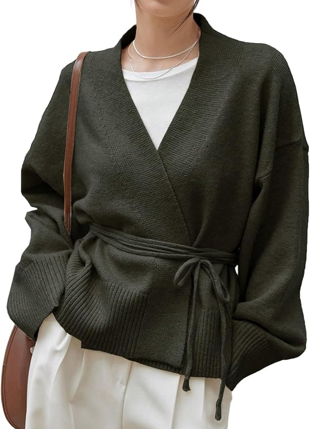 WDIRARA Women's Wrap Long Sleeve Tie Front Cardigan | V Neck, Belted Sweater, Casual, Long Sleeve... | Amazon (US)