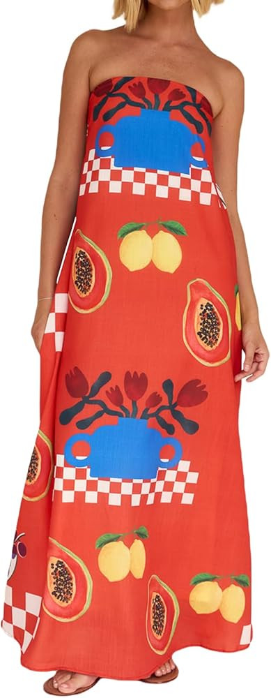 Tube Dress for Women Summer Going Out Dress Strapless Backless Fruit Print Swing Maxi Dress Y2K B... | Amazon (US)
