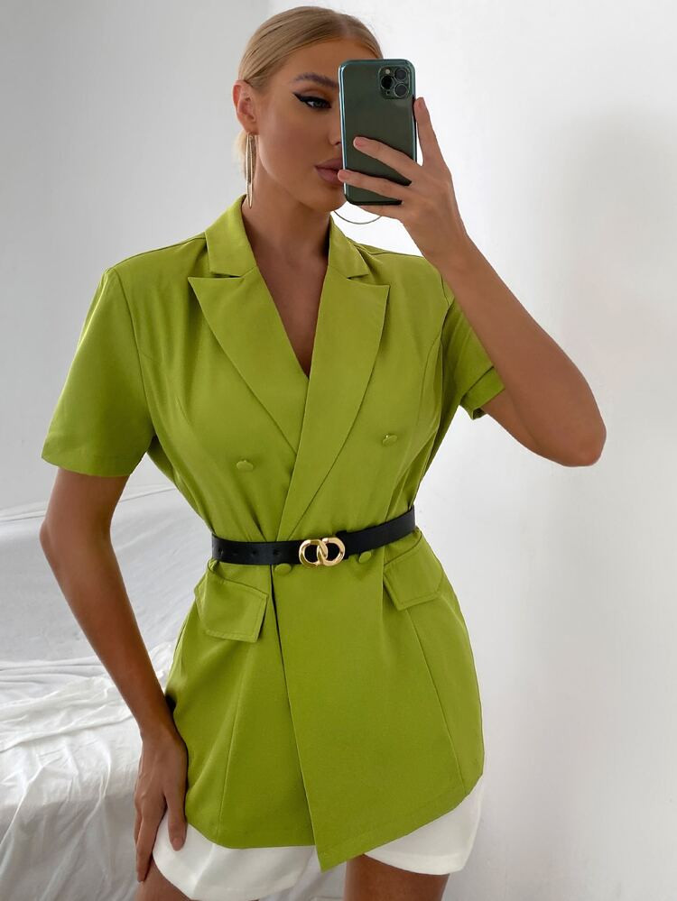 Solid Double Button Blazer Without Belt | SHEIN