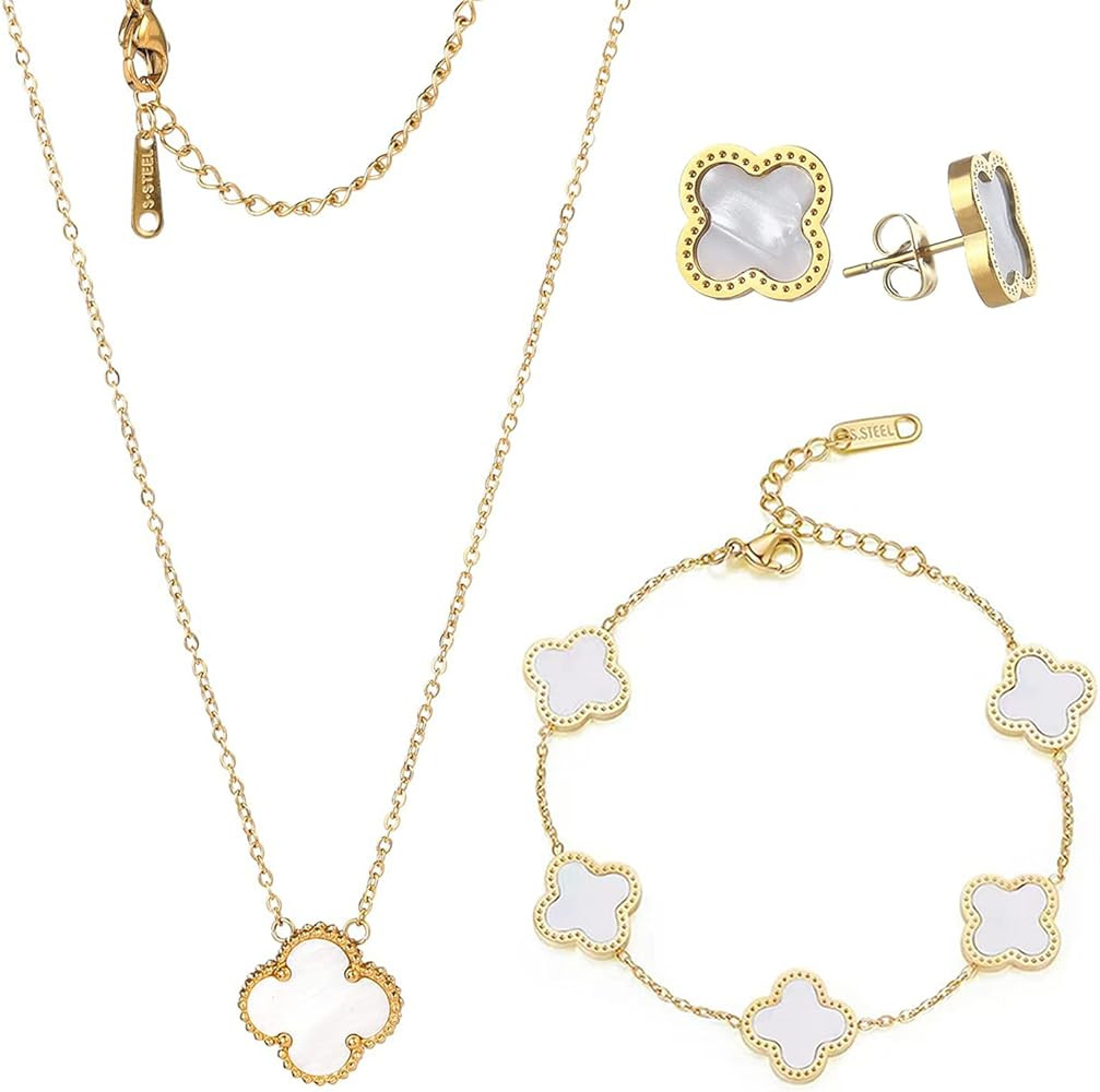 18k Gold Plated Lucky Clover Sets Bracelets Earring Necklace Pendant for Women Fashion Cute Simpl... | Amazon (US)