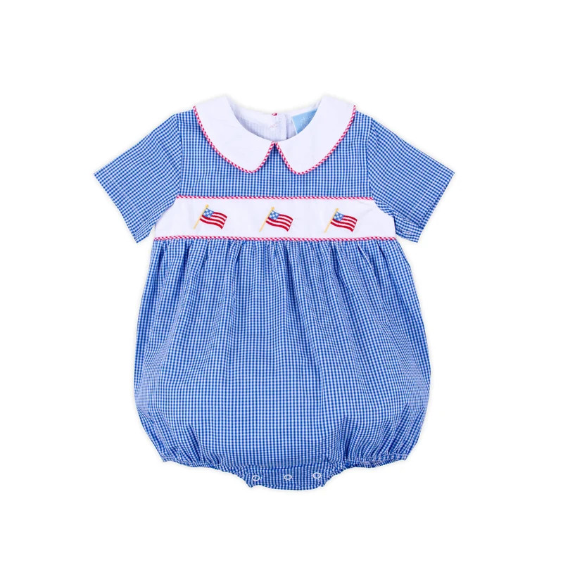 Flag Applique Blue Gingham Collared Bubble | Classic Whimsy
