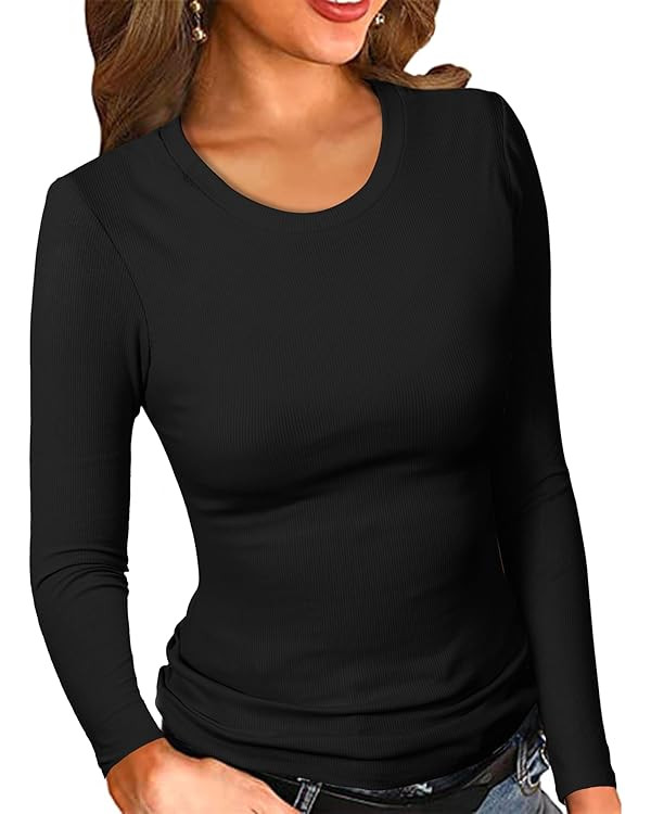 PALINDA Womne's Ribbed Round Neck Slim Fitted T Shirts Basic Solid Long Sleeve Layering Tee Tops | Amazon (US)